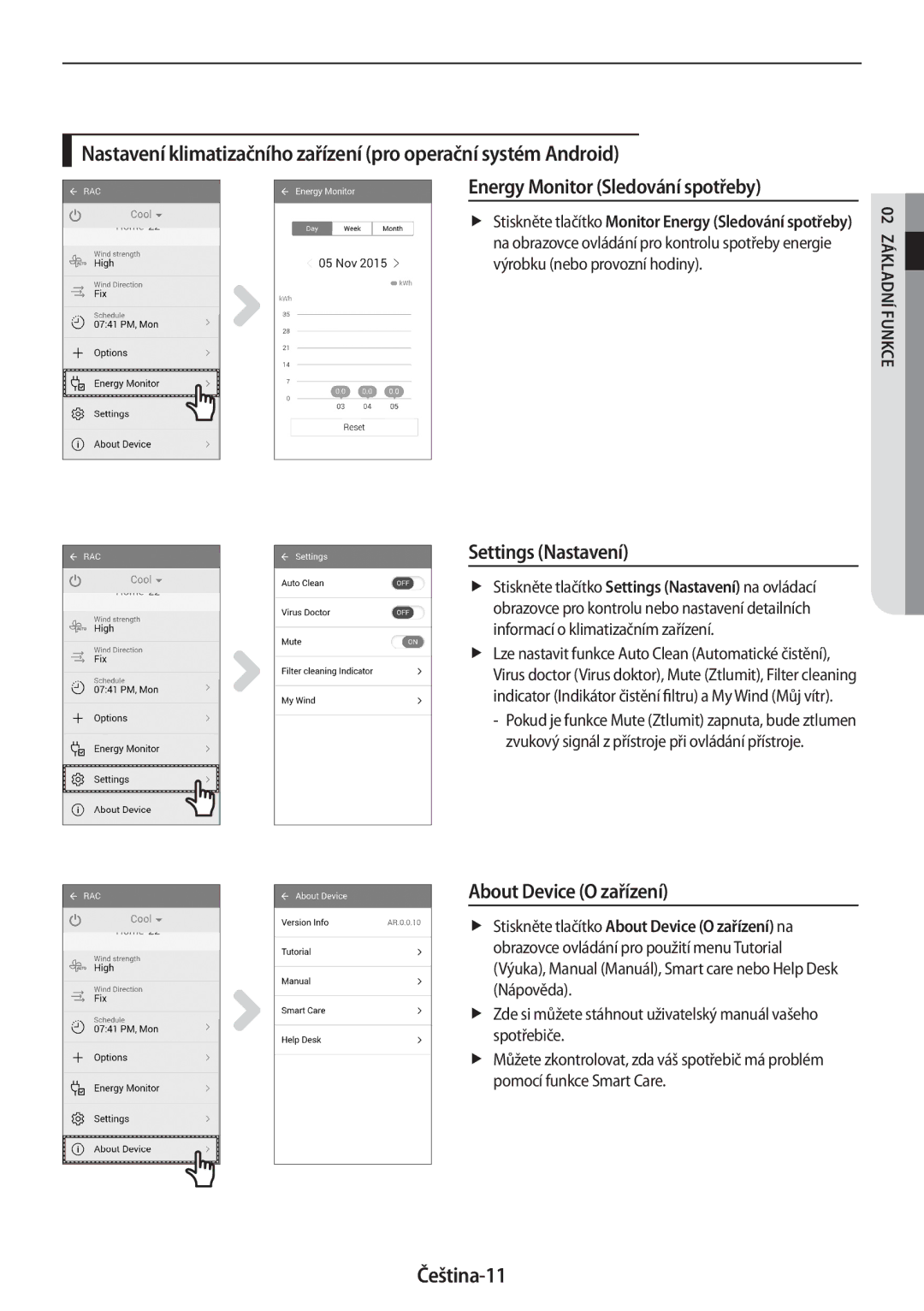 Samsung AR18MSWNAWKNEU, AR24MSWNAWKNEU, AR24MSPDBWKNEU manual Settings Nastavení, About Device O zařízení, Čeština-11 