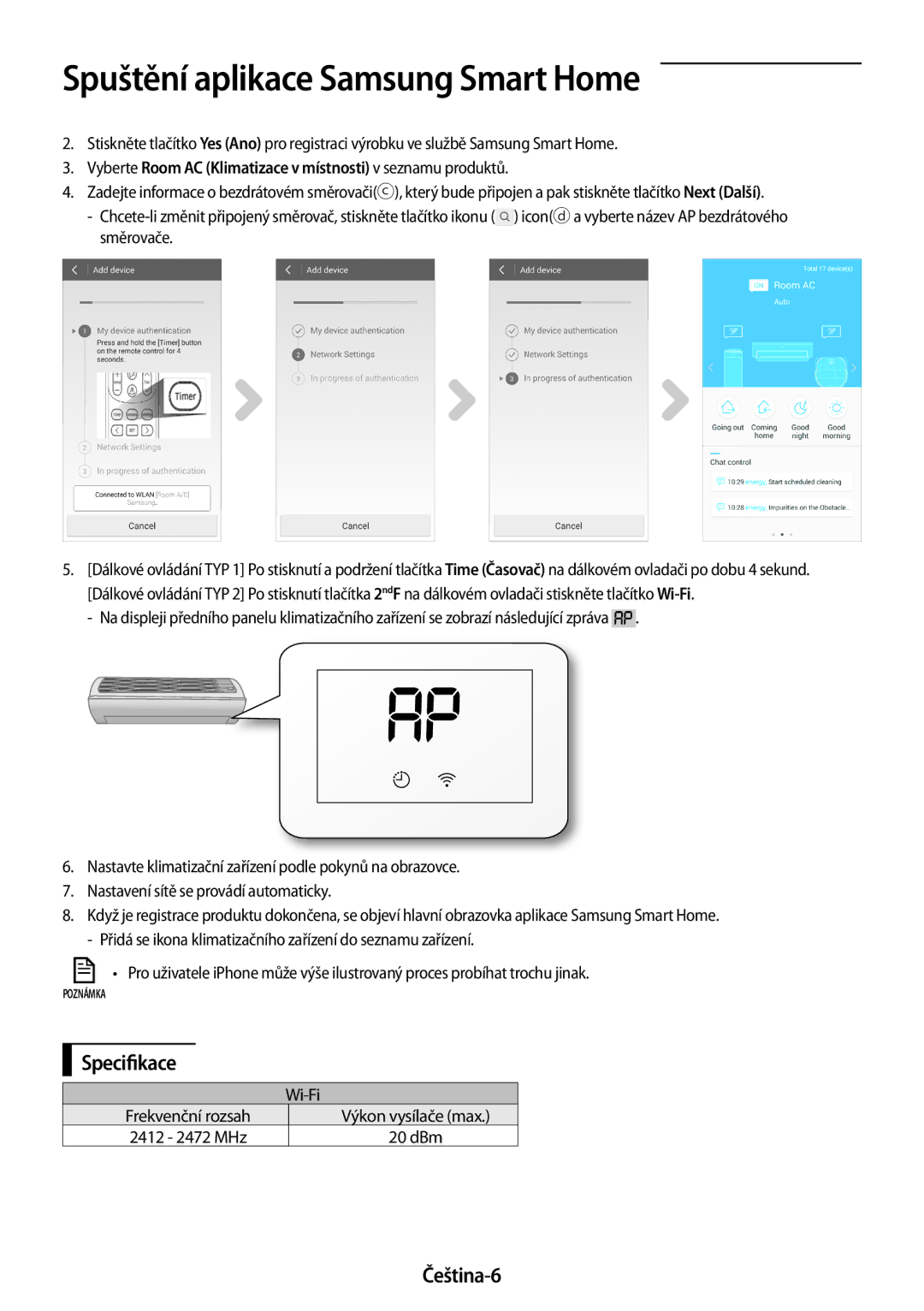 Samsung AR07MSWSAURNEU manual Specifikace, Čeština-6, Vyberte Room AC Klimatizace v místnosti v seznamu produktů, Wi-Fi 