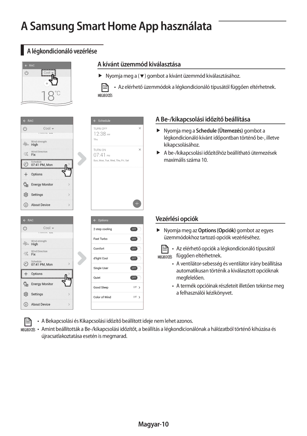 Samsung AR24MSPDBWKNEU manual Légkondicionáló vezérlése Kívánt üzemmód kiválasztása, Be-/kikapcsolási időzítő beállítása 