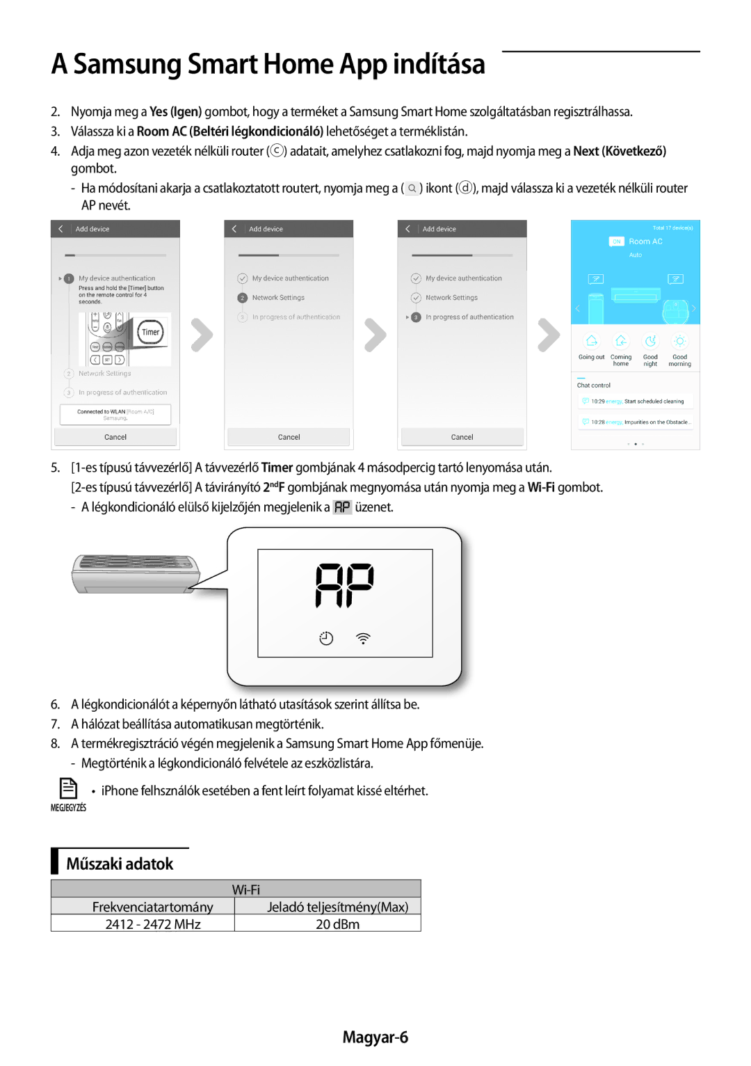 Samsung AR07MSWSAURNEU, AR24MSWNAWKNEU, AR24MSPDBWKNEU, AR18MSWNAWKNEU, AR18MSWSAWKNEU manual Műszaki adatok, Magyar-6, Wi-Fi 