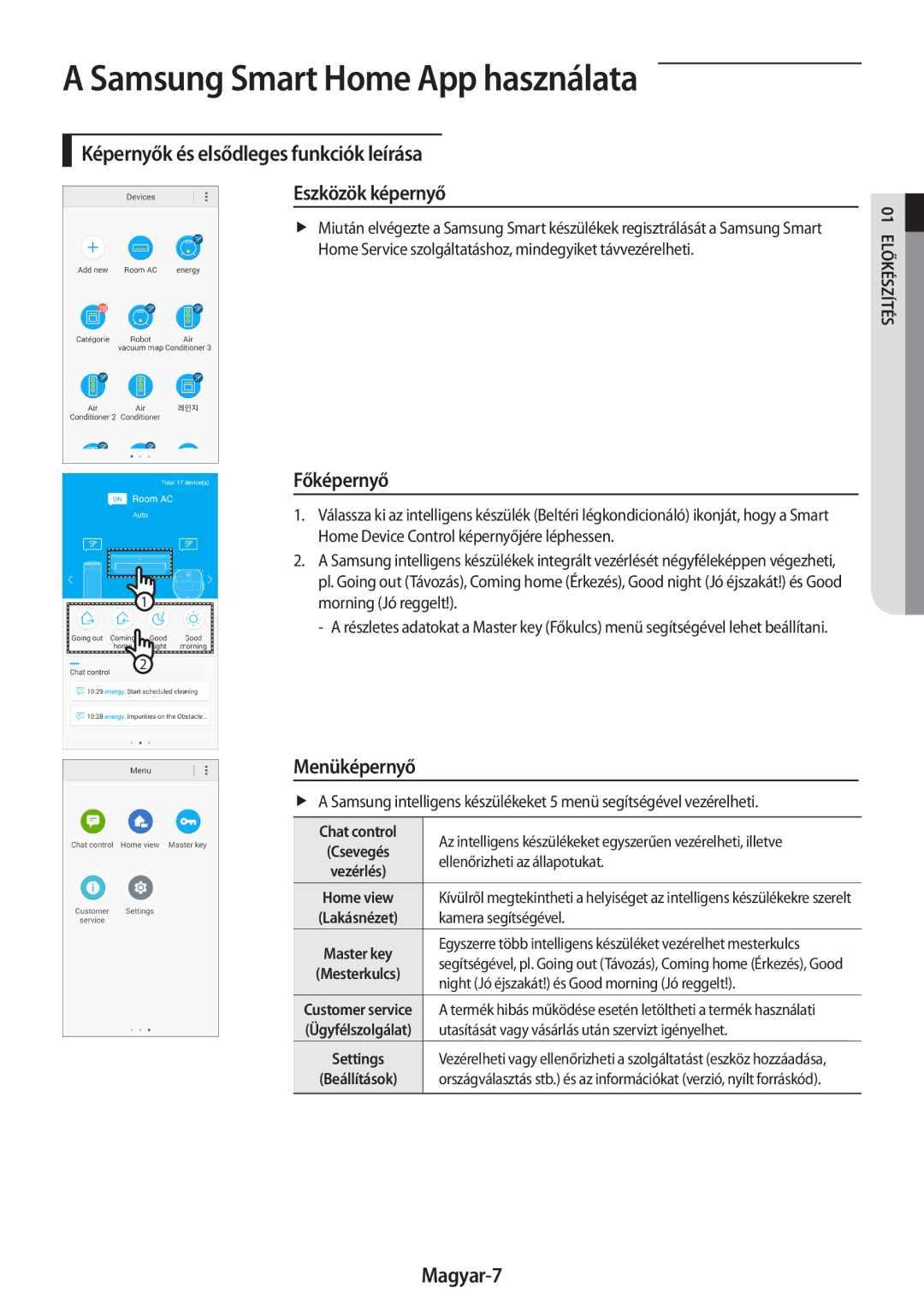 Samsung AR09MSWSAURNEU manual Samsung Smart Home App használata, Képernyők és elsődleges funkciók leírása Eszközök képernyő 