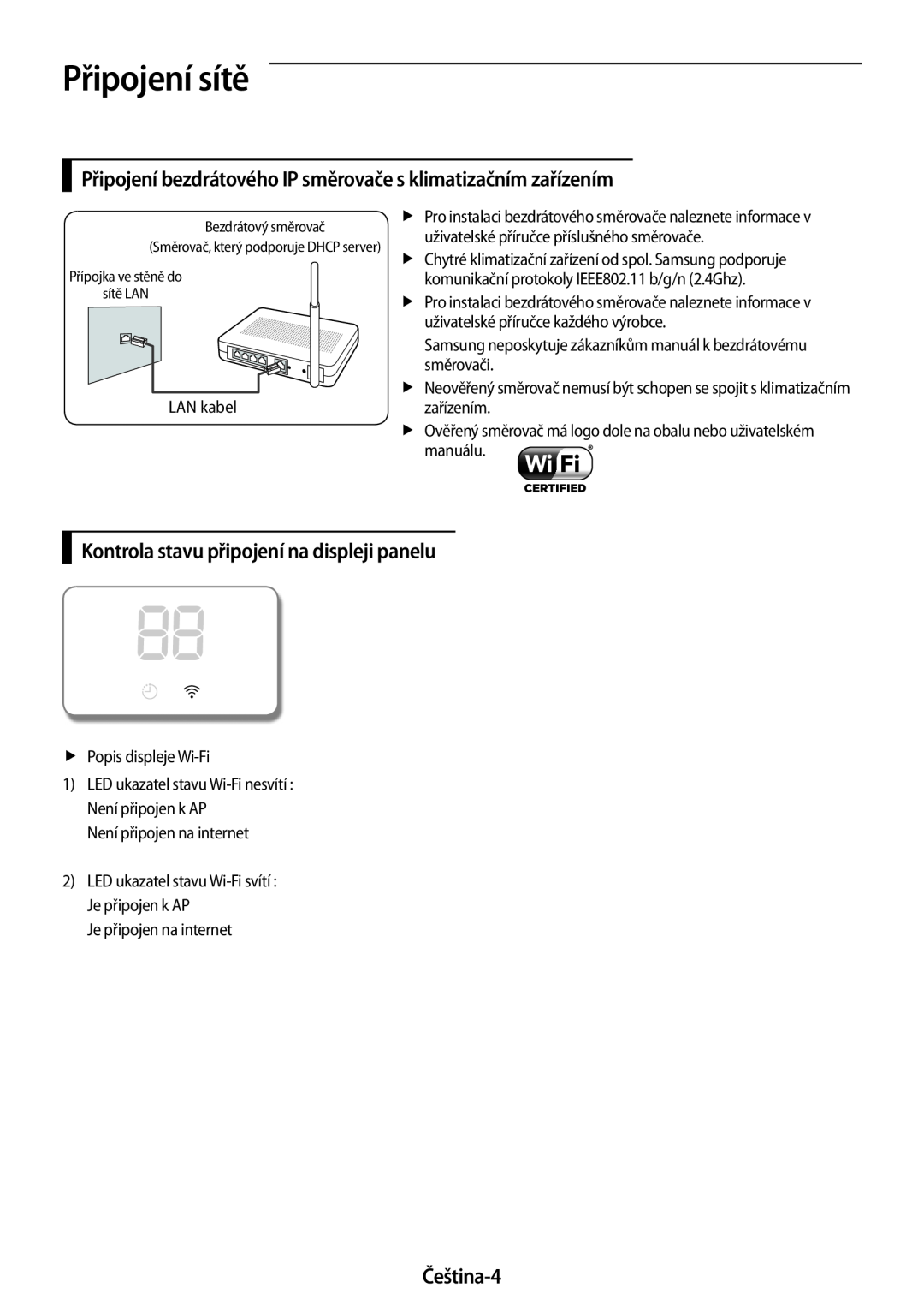 Samsung AR18MSPDBWKNEU manual Připojení sítě, Připojení bezdrátového IP směrovače s klimatizačním zařízením, Čeština-4 