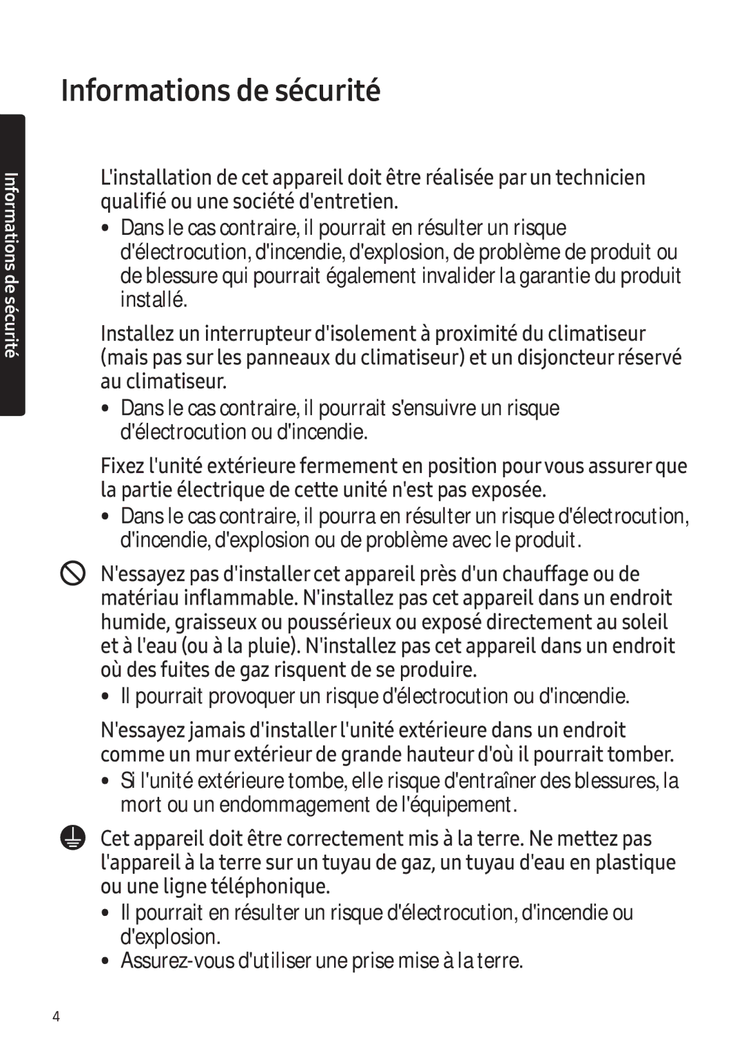 Samsung AR24NSFHBWKNEU, AR18NSFHBWKNEU manual Il pourrait provoquer un risque délectrocution ou dincendie 