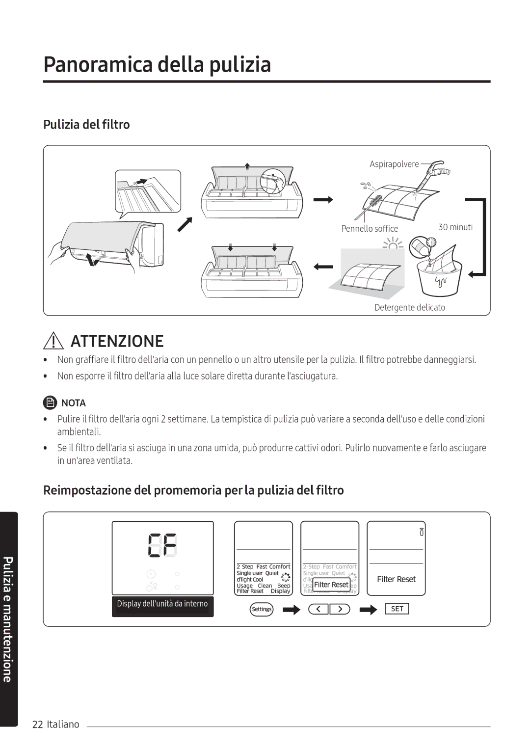 Samsung AR24NSFHBWKNEU, AR18NSFHBWKNEU manual Pulizia del filtro 