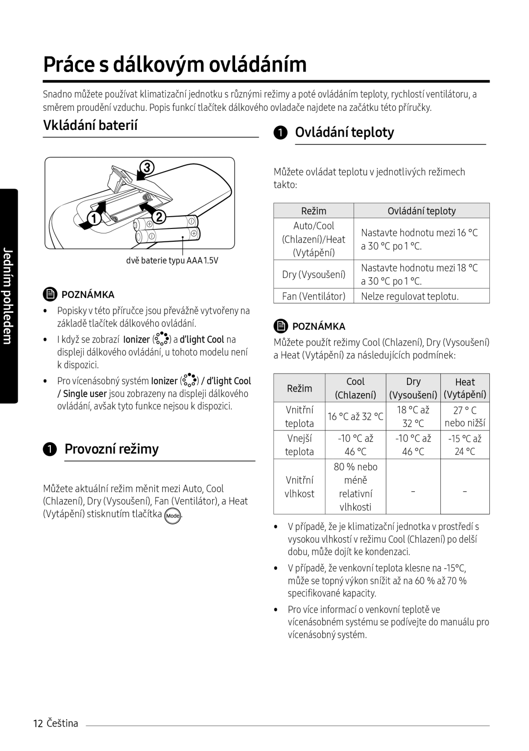 Samsung AR24NSFHBWKNEU, AR18NSFHBWKNEU manual Práce s dálkovým ovládáním, Provozní režimy 