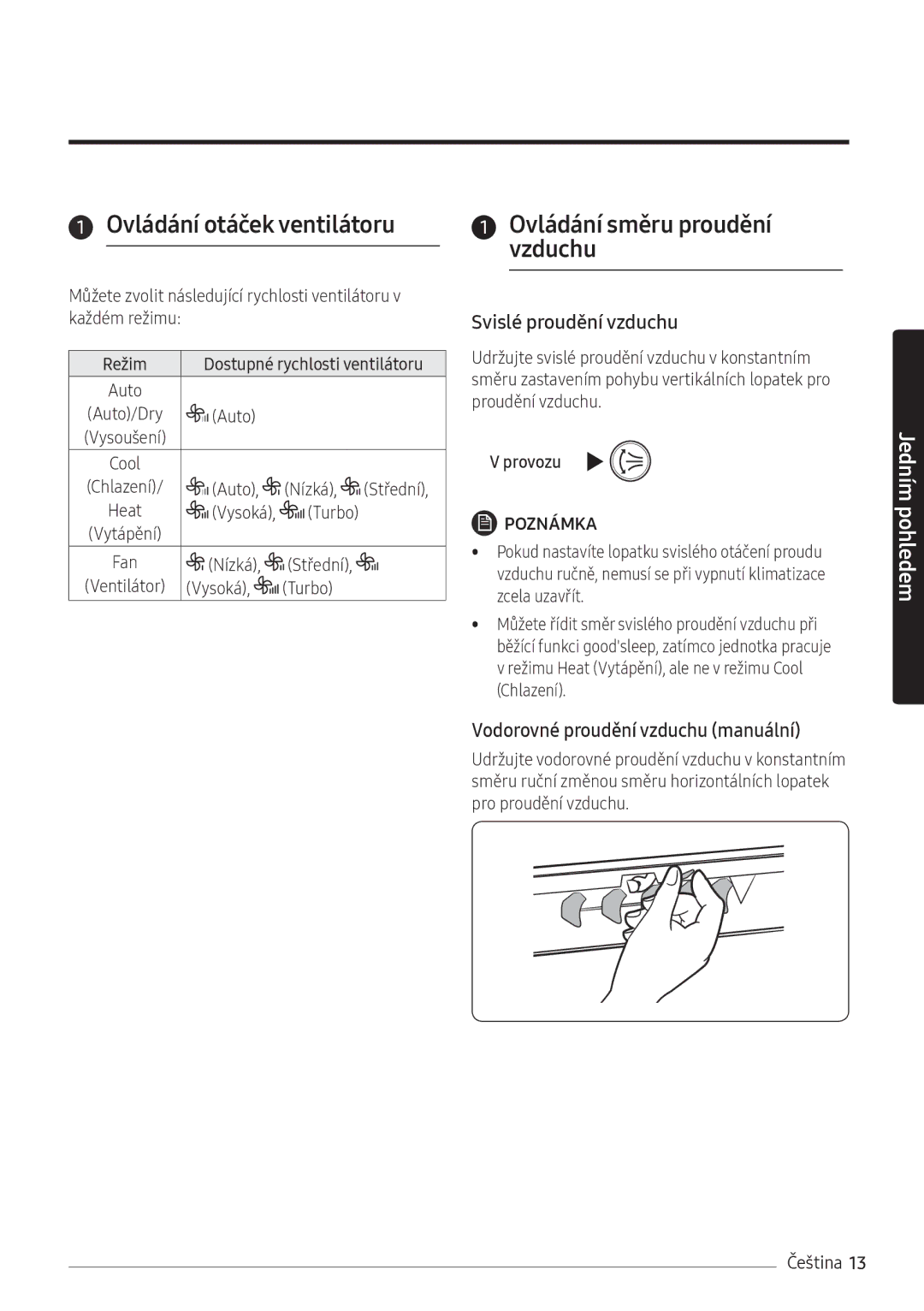 Samsung AR18NSFHBWKNEU, AR24NSFHBWKNEU manual Ovládání otáček ventilátoru, Ovládání směru proudění vzduchu 