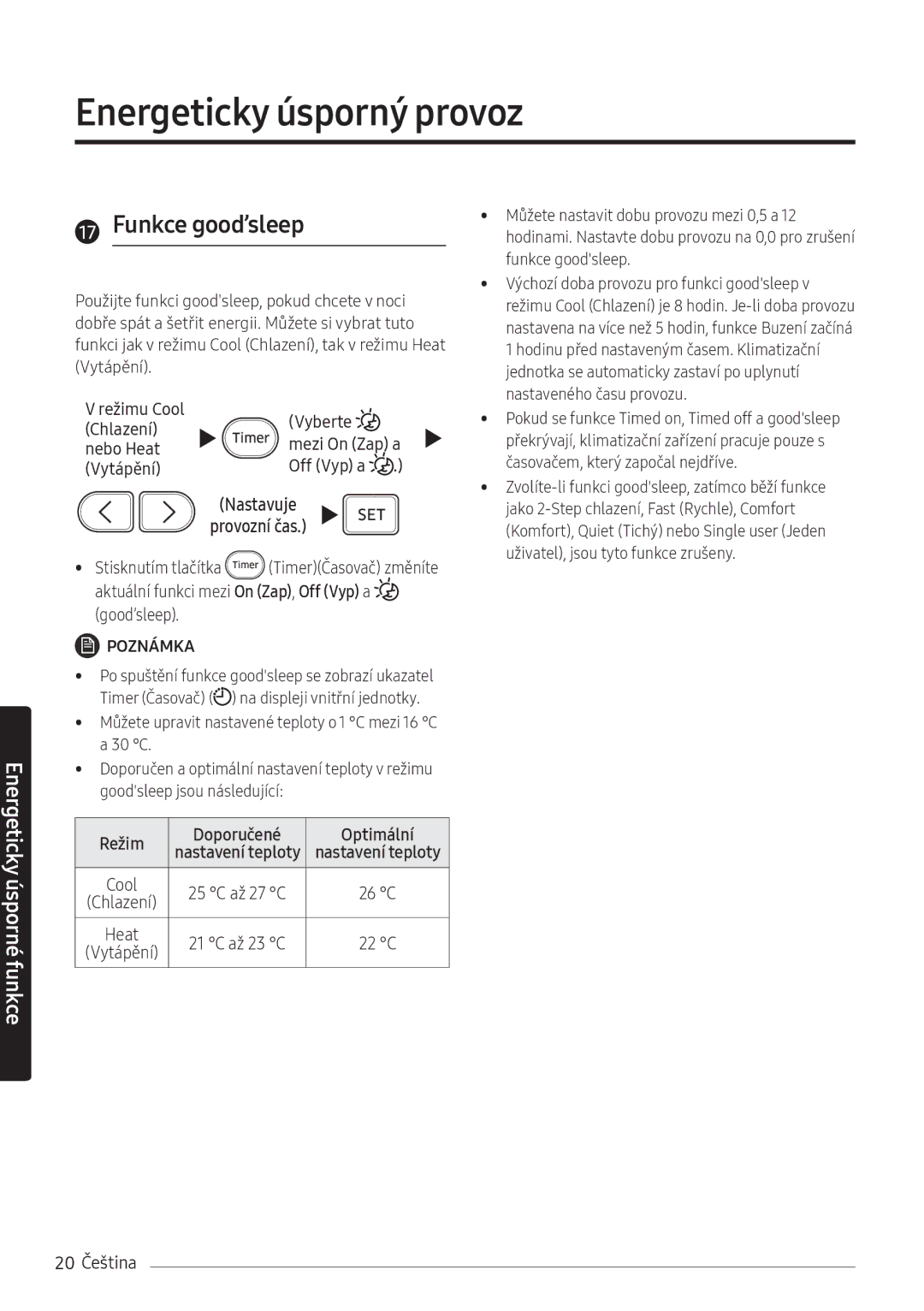 Samsung AR24NSFHBWKNEU, AR18NSFHBWKNEU manual Funkce good’sleep, 20 Čeština 