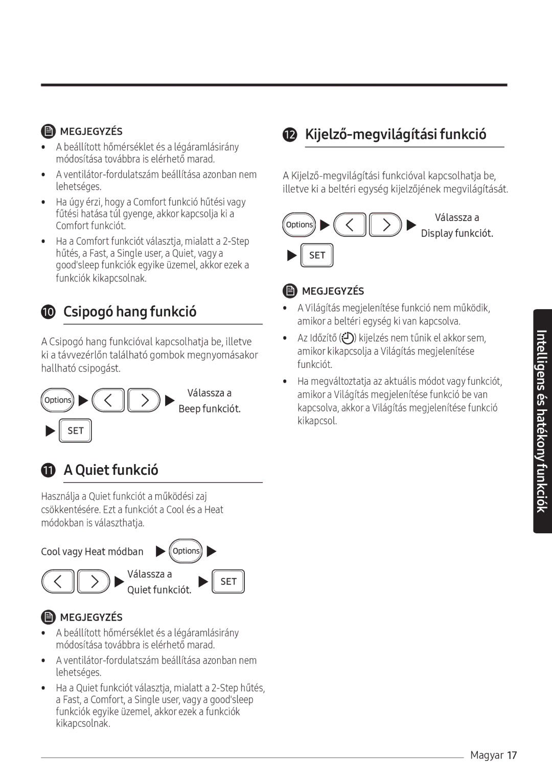 Samsung AR18NSFHBWKNEU, AR24NSFHBWKNEU manual Csipogó hang funkció, Quiet funkció, Kijelző-megvilágítási funkció 