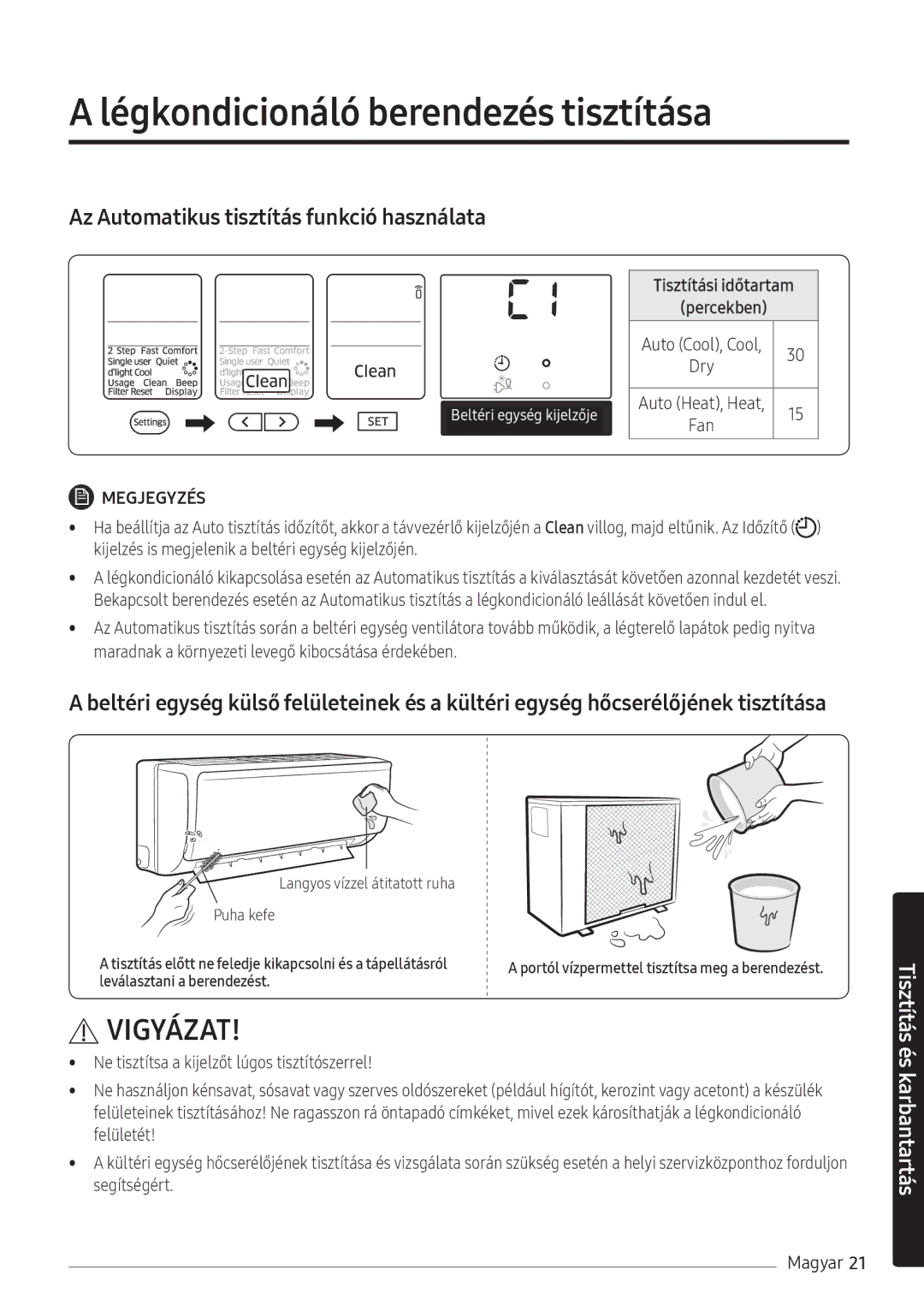 Samsung AR18NSFHBWKNEU, AR24NSFHBWKNEU Légkondicionáló berendezés tisztítása, Az Automatikus tisztítás funkció használata 