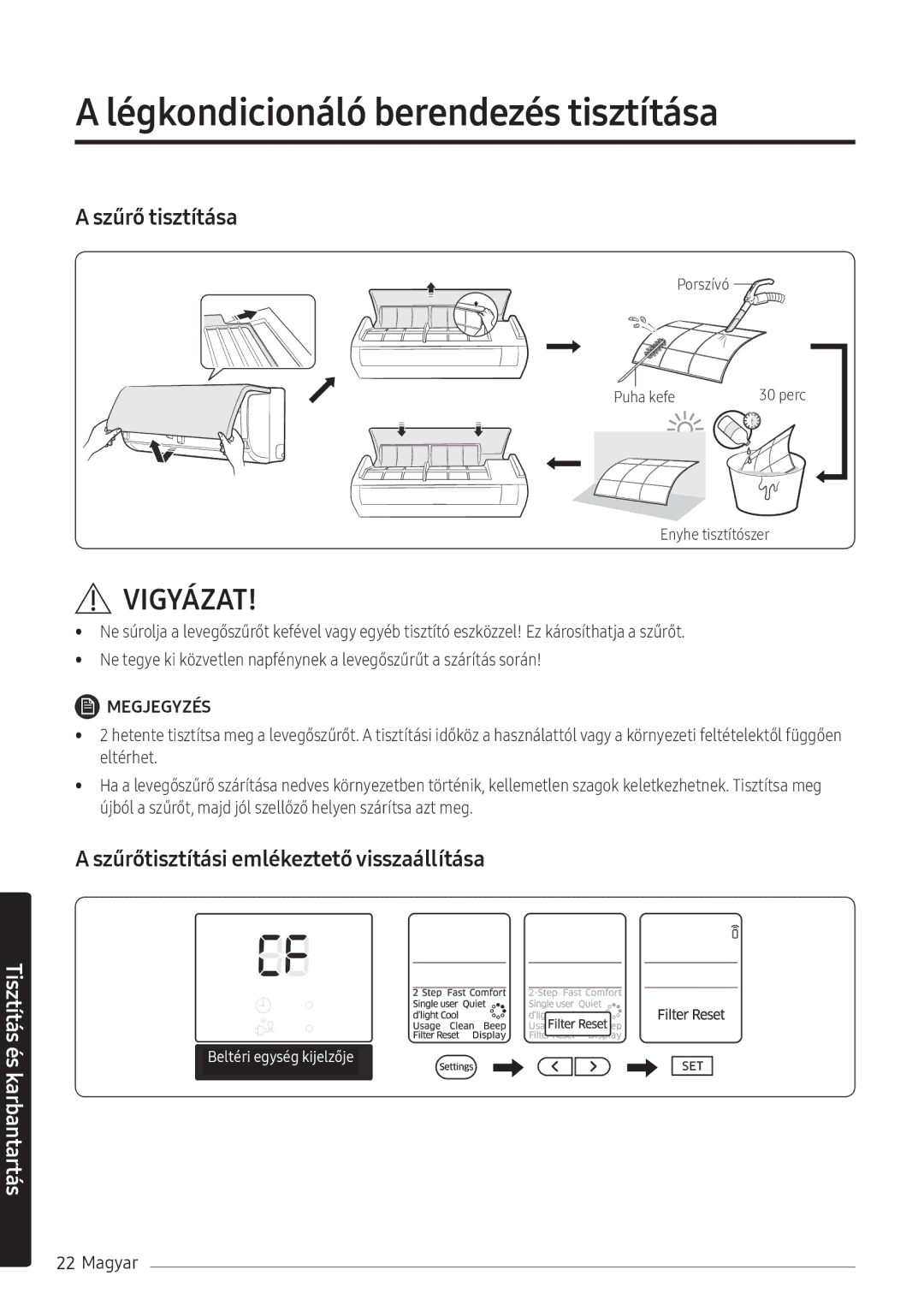 Samsung AR24NSFHBWKNEU, AR18NSFHBWKNEU manual Szűrő tisztítása 