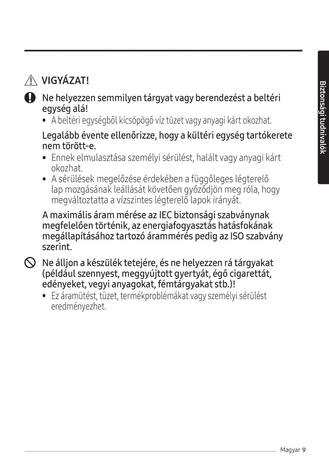 Samsung AR18NSFHBWKNEU, AR24NSFHBWKNEU manual Vigyázat 