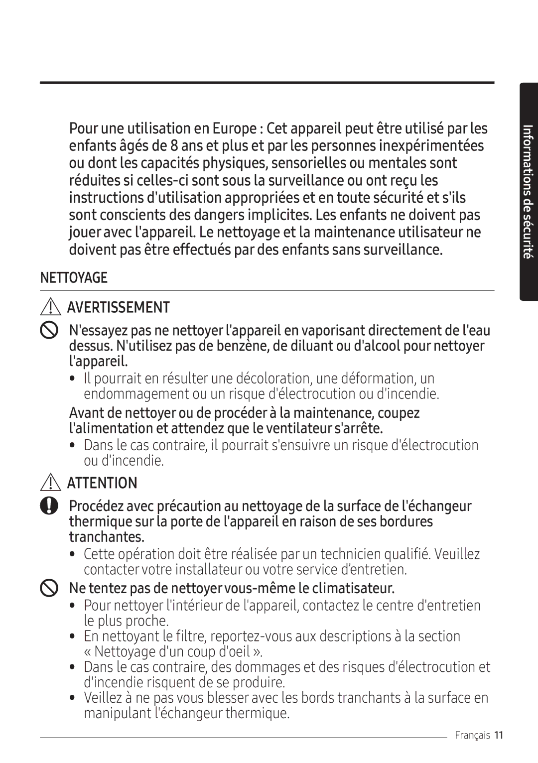 Samsung AR24NSFPEWQNEU, AR18NSFPEWQNEU manual Nettoyage Avertissement 