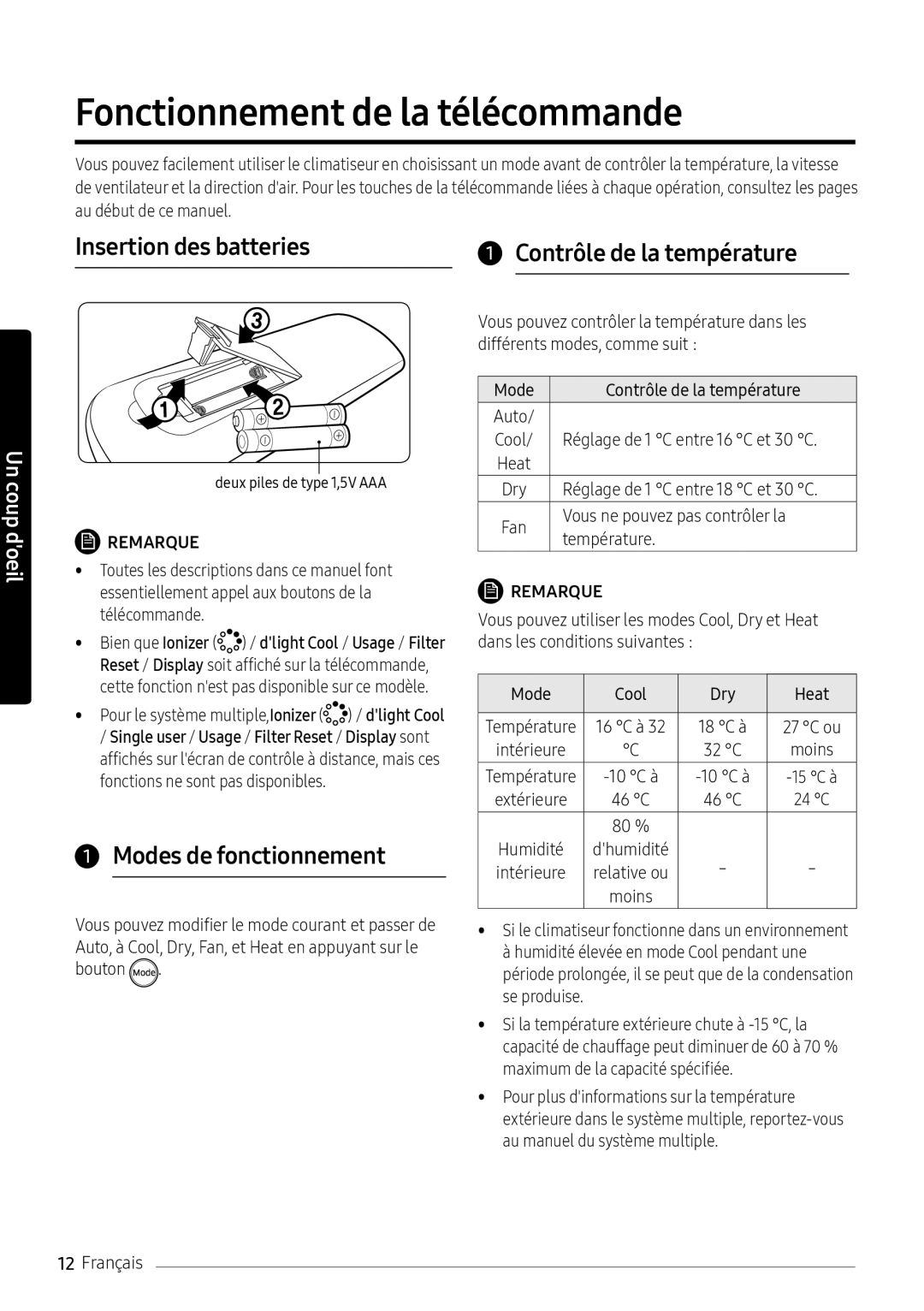 Samsung AR18NSFPEWQNEU manual Fonctionnement de la télécommande, Insertion des batteries Contrôle de la température 