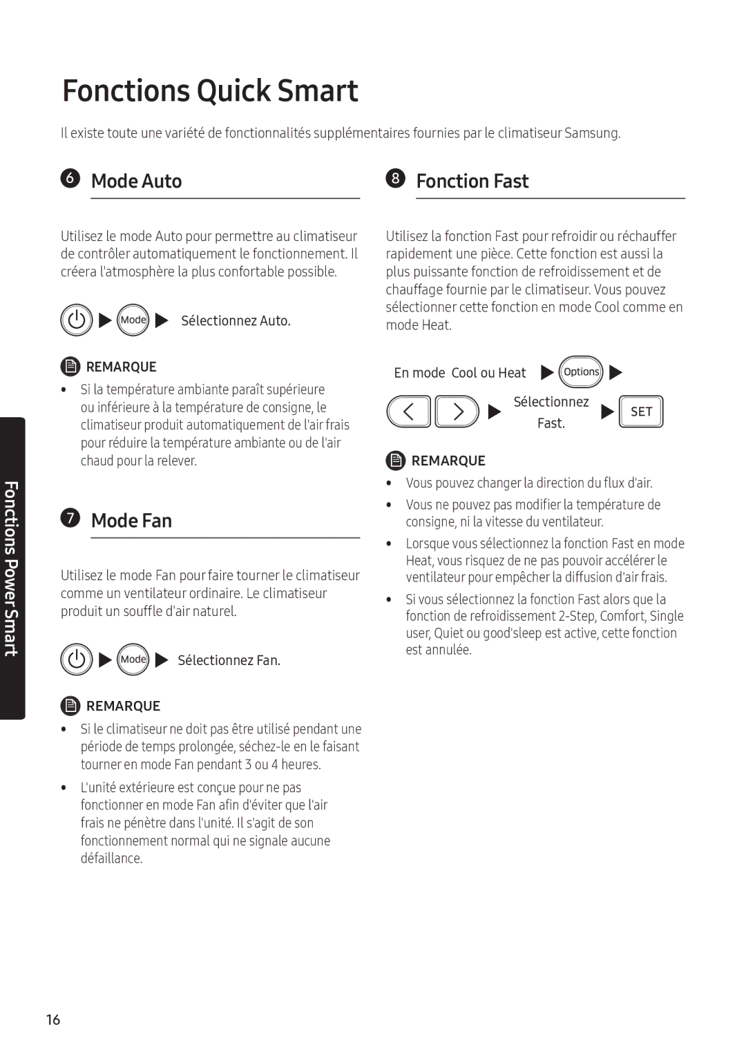 Samsung AR18NSFPEWQNEU Fonctions Quick Smart, Mode Fan, Sélectionnez Auto, Vous pouvez changer la direction du flux dair 