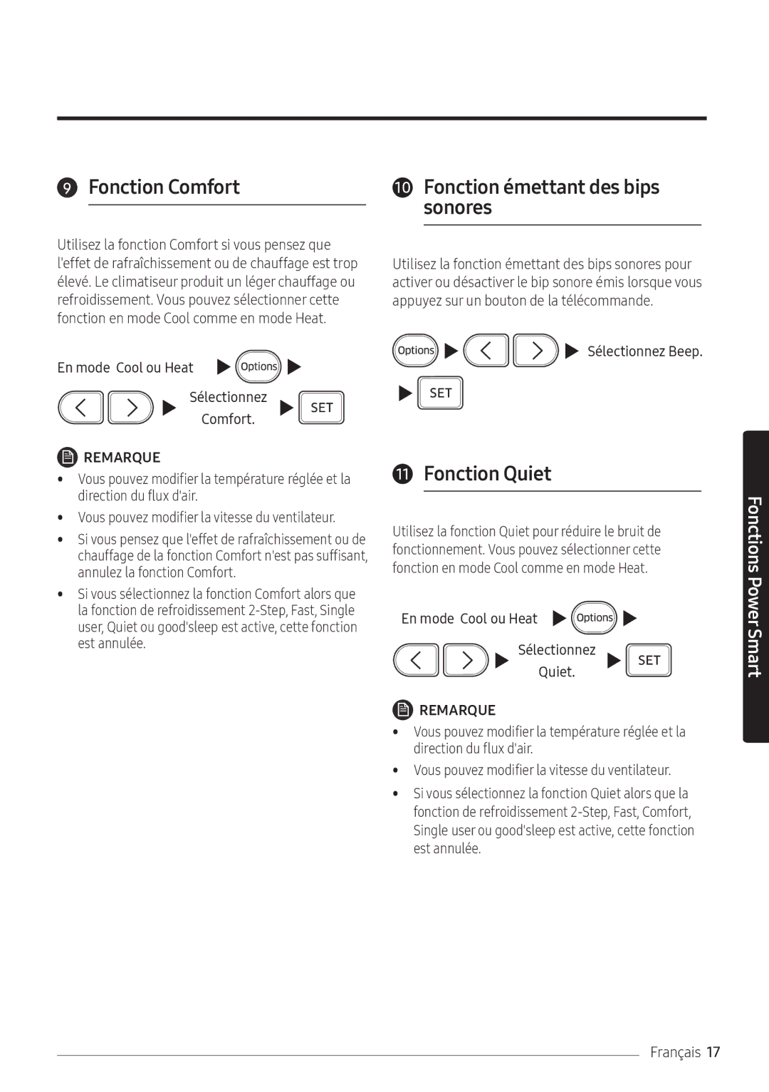 Samsung AR24NSFPEWQNEU, AR18NSFPEWQNEU manual Fonction Comfort, Fonction émettant des bips sonores, Fonction Quiet 