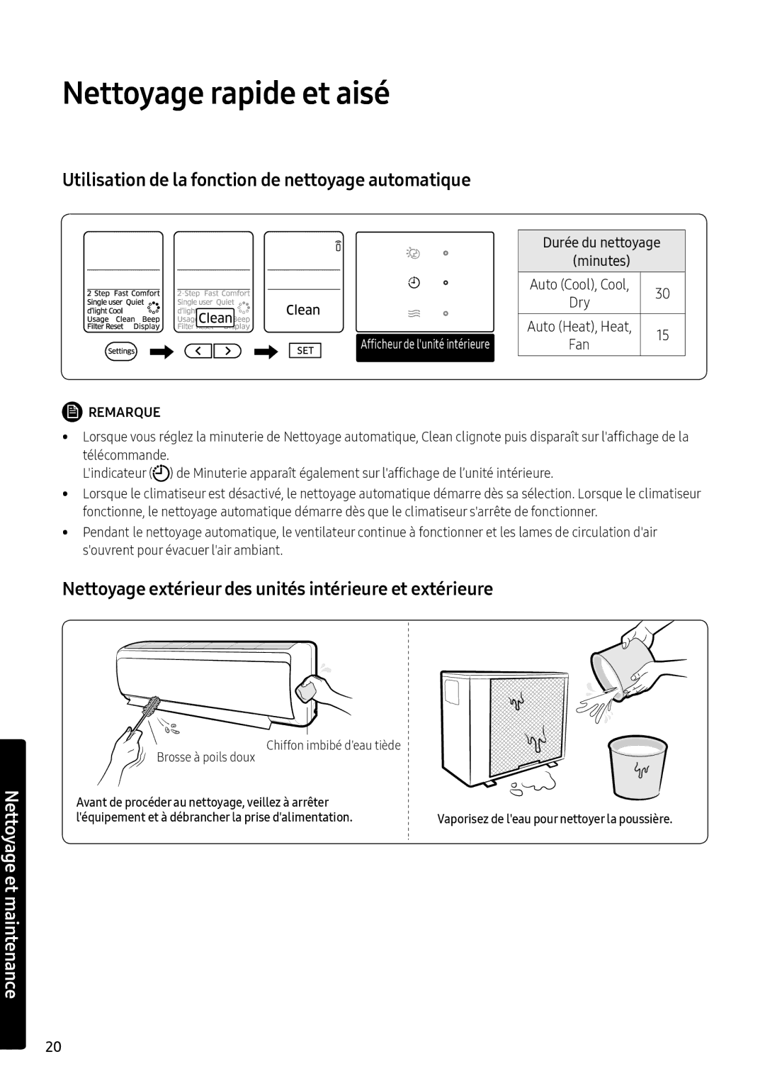 Samsung AR18NSFPEWQNEU, AR24NSFPEWQNEU manual Nettoyage rapide et aisé, Durée du nettoyage Minutes 