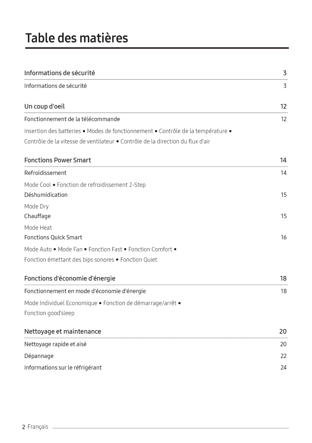 Samsung AR18NSFPEWQNEU, AR24NSFPEWQNEU manual Des matières, Informations de sécurité 