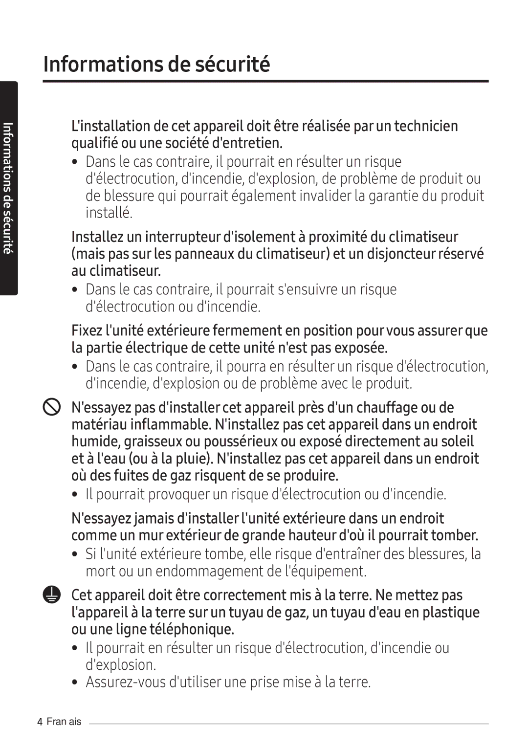 Samsung AR18NSFPEWQNEU, AR24NSFPEWQNEU manual Il pourrait provoquer un risque délectrocution ou dincendie 