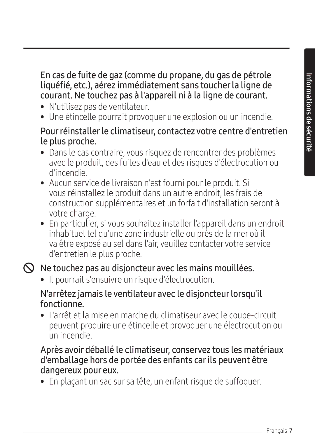 Samsung AR24NSFPEWQNEU, AR18NSFPEWQNEU manual Ne touchez pas au disjoncteur avec les mains mouillées 