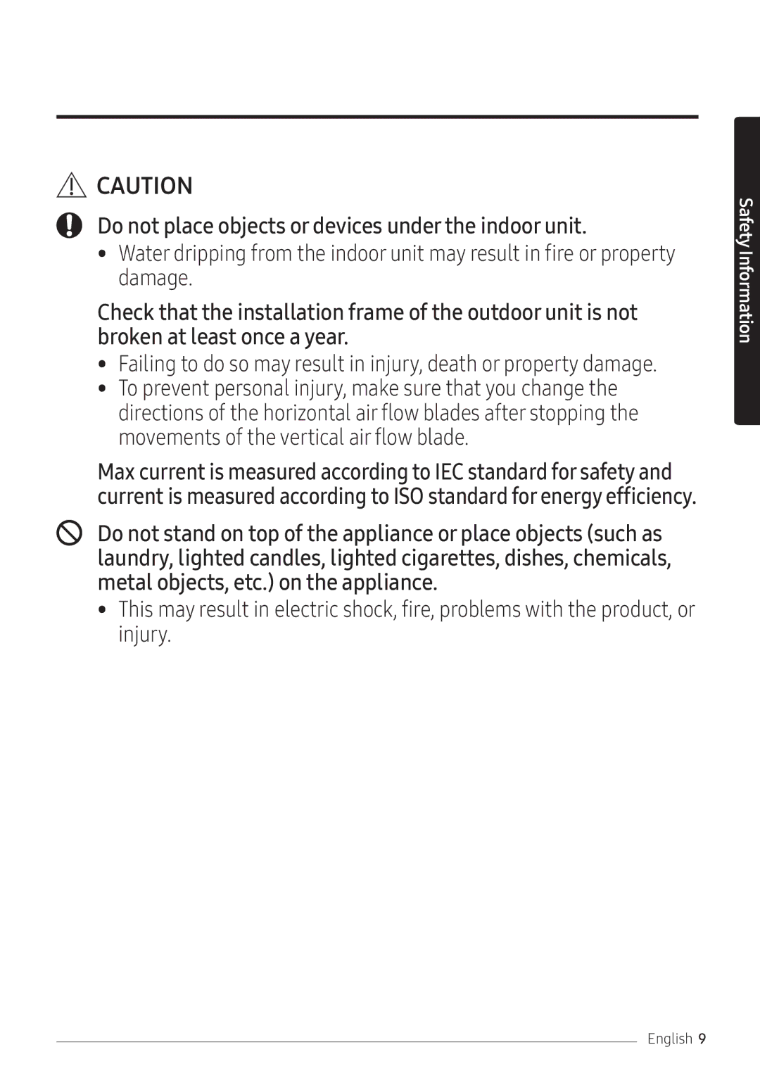 Samsung AR24NSFPEWQNEU, AR18NSFPEWQNEU manual Do not place objects or devices under the indoor unit 