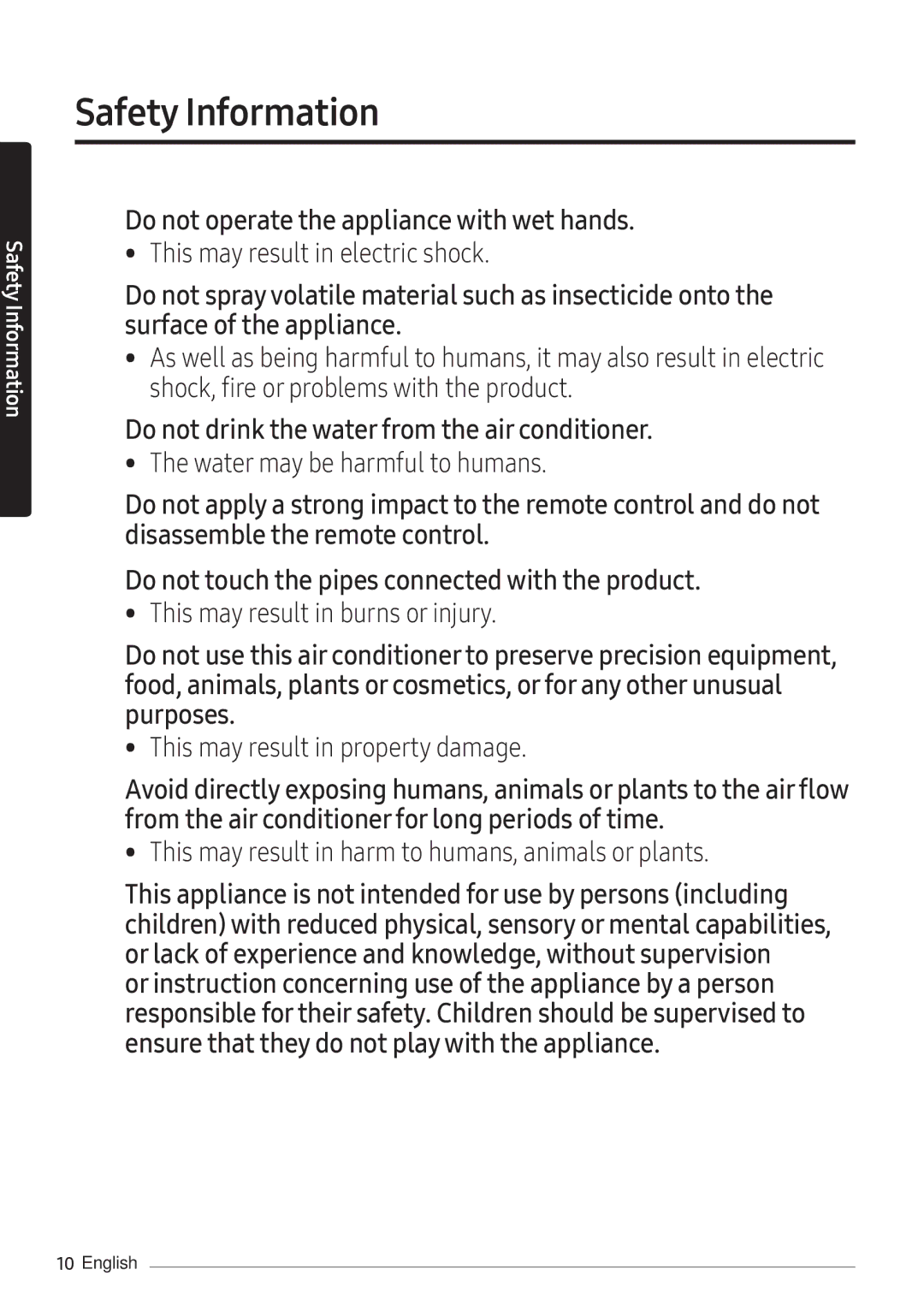 Samsung AR18NSFPEWQNEU, AR24NSFPEWQNEU manual Do not operate the appliance with wet hands 