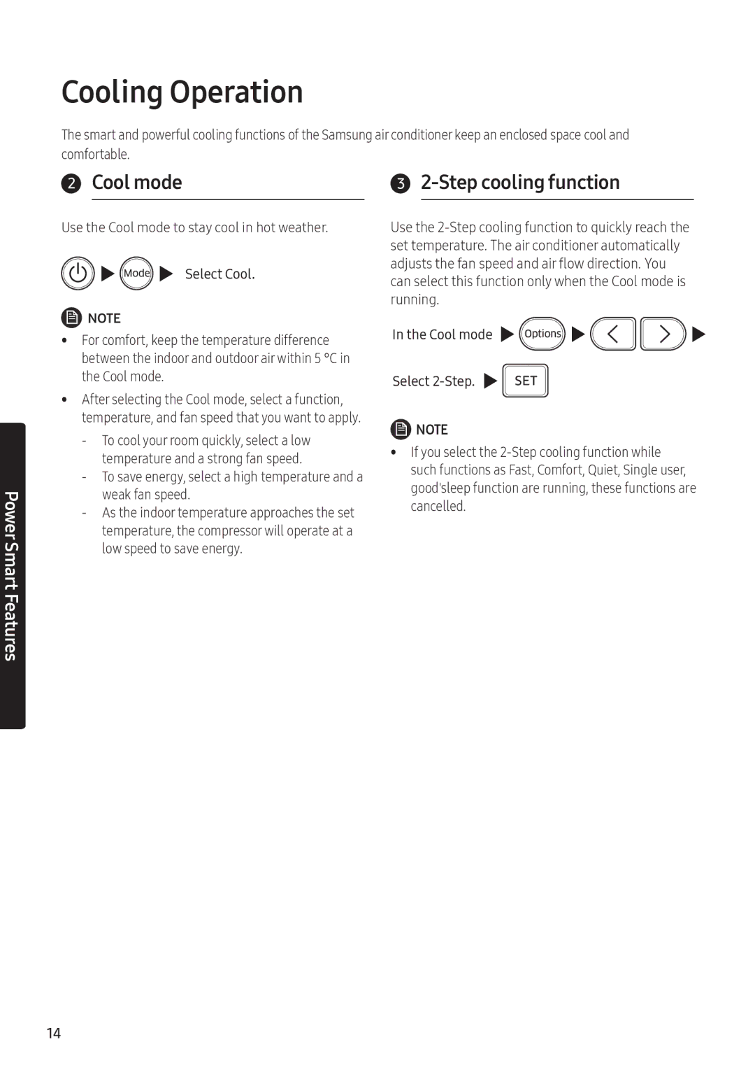 Samsung AR18NSFPEWQNEU, AR24NSFPEWQNEU manual Cooling Operation, Cool mode, Step cooling function 