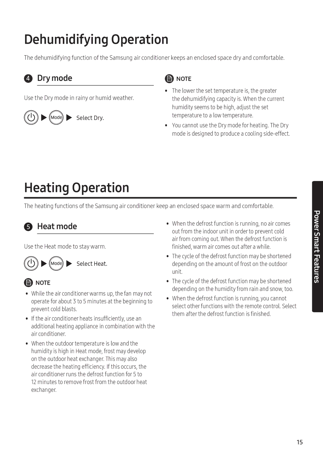 Samsung AR24NSFPEWQNEU, AR18NSFPEWQNEU manual Dehumidifying Operation, Heating Operation, Dry mode, Heat mode 