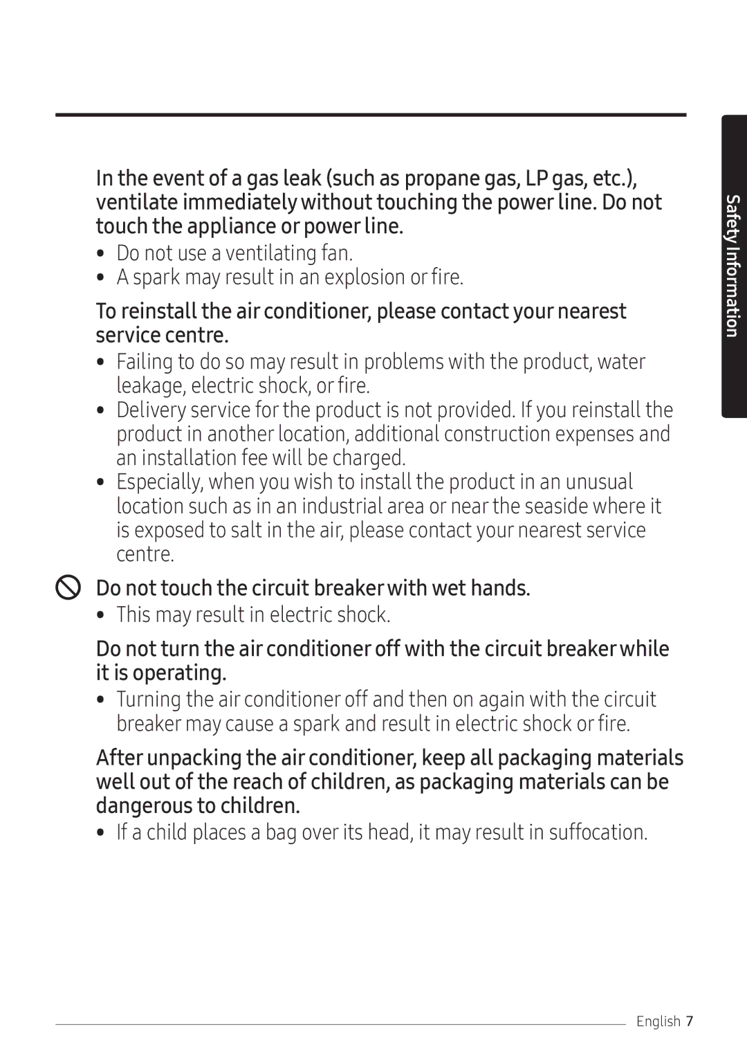 Samsung AR24NSFPEWQNEU, AR18NSFPEWQNEU manual Do not touch the circuit breakerwith wet hands 