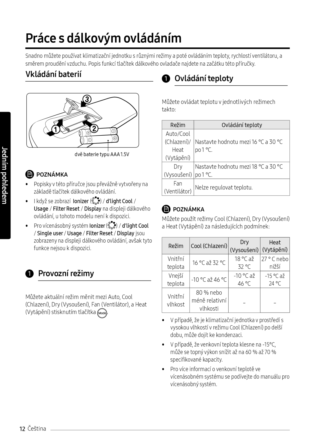 Samsung AR18NSFPEWQNEU, AR24NSFPEWQNEU manual Práce s dálkovým ovládáním, Provozní režimy 