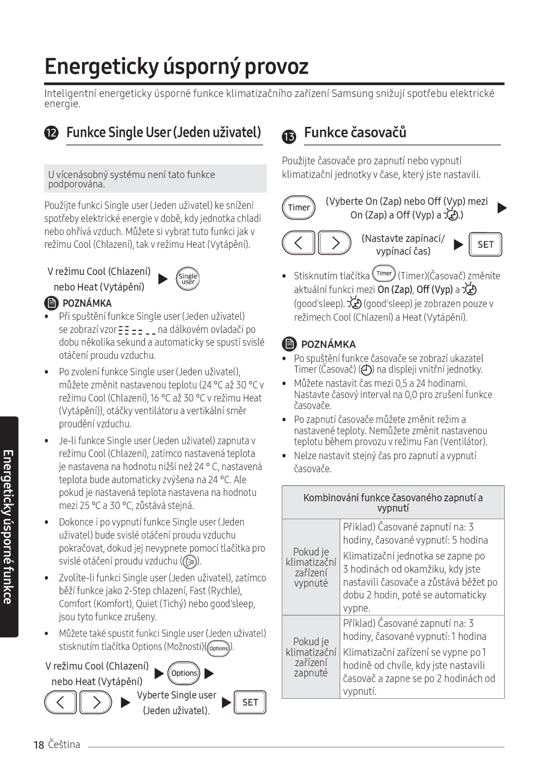 Samsung AR18NSFPEWQNEU, AR24NSFPEWQNEU manual Energeticky úsporný provoz, Funkce časovačů 