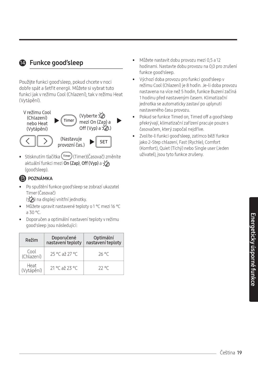 Samsung AR24NSFPEWQNEU, AR18NSFPEWQNEU manual Funkce good’sleep, Vyberte, Mezi On Zap a 