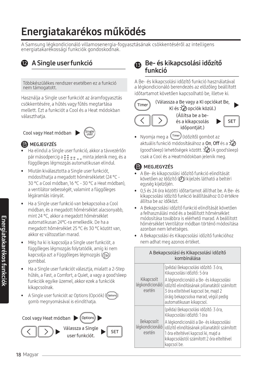 Samsung AR18NSFPEWQNEU, AR24NSFPEWQNEU Energiatakarékos működés, Single user funkció, Be- és kikapcsolási időzítő funkció 