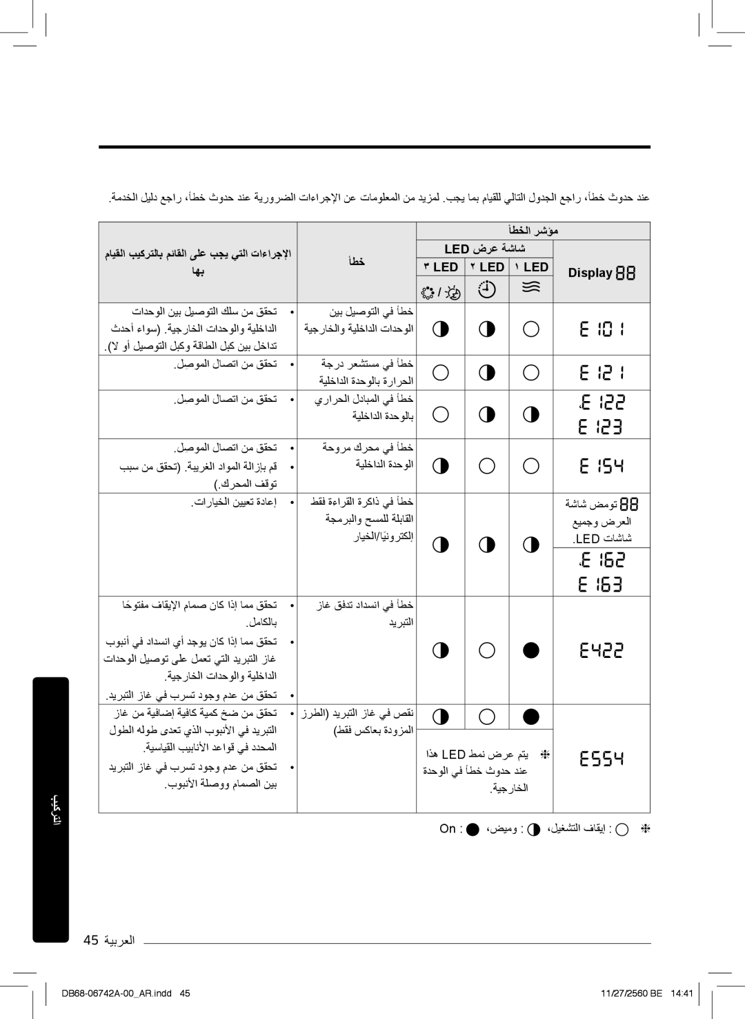 Samsung AR24NVFHEWKXMG, AR24NSFHEWKNMG, AR18NVFHEWKXMG manual 45 ﺔﯾﺑرﻌﻟا, ﺄطﺧﻟا رﺷؤﻣ, ﺄطﺧ Led ضرﻋ ﺔﺷﺎﺷ, ﺎﮭﺑ, ،ضﯾﻣو 