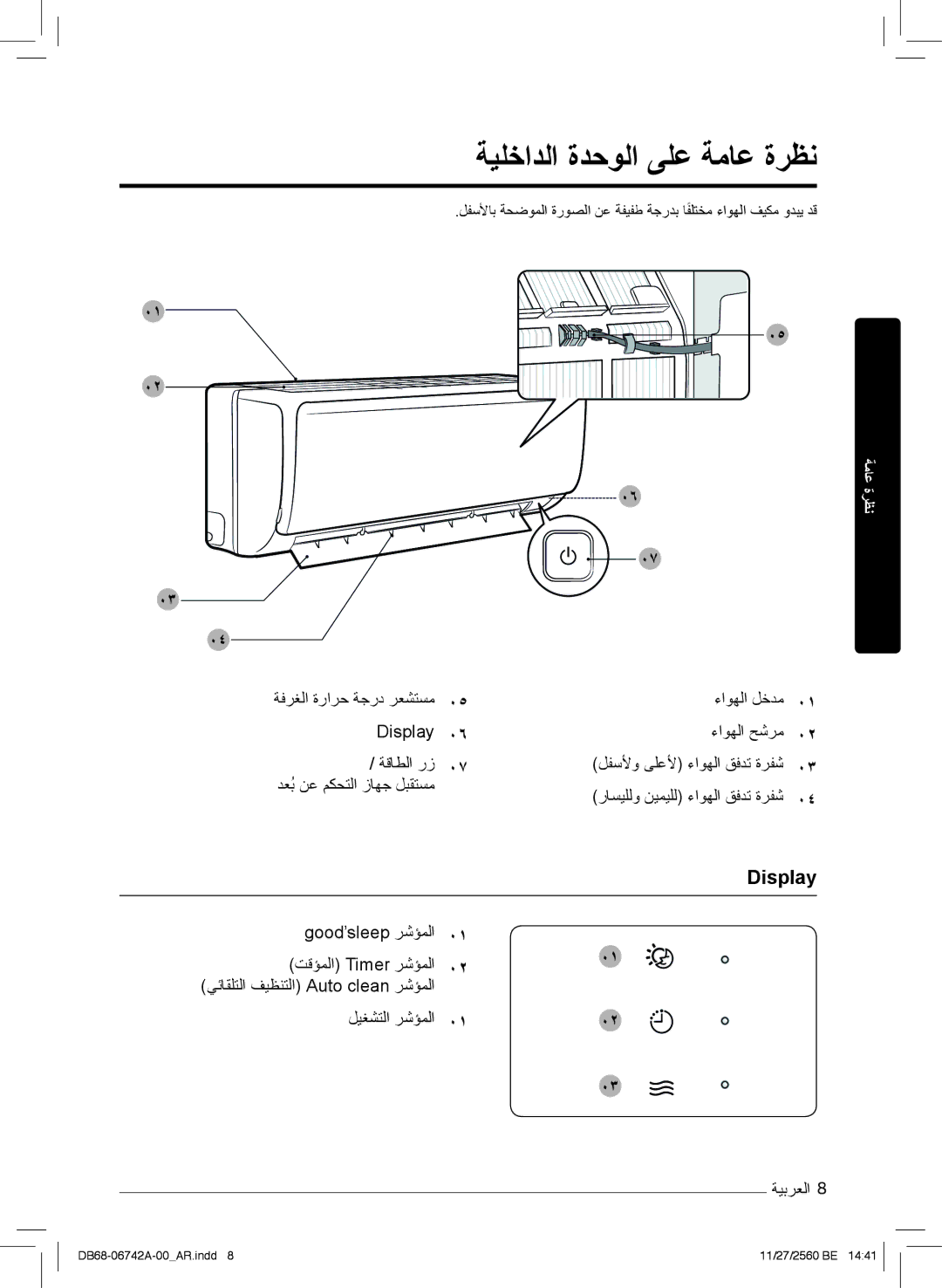 Samsung AR18NVFHEWKXMG, AR24NVFHEWKXMG, AR24NSFHEWKNMG manual ﺔﯾﻠﺧادﻟا ةدﺣوﻟا ﻰﻠﻋ ﺔﻣﺎﻋ ةرظﻧ, Display 