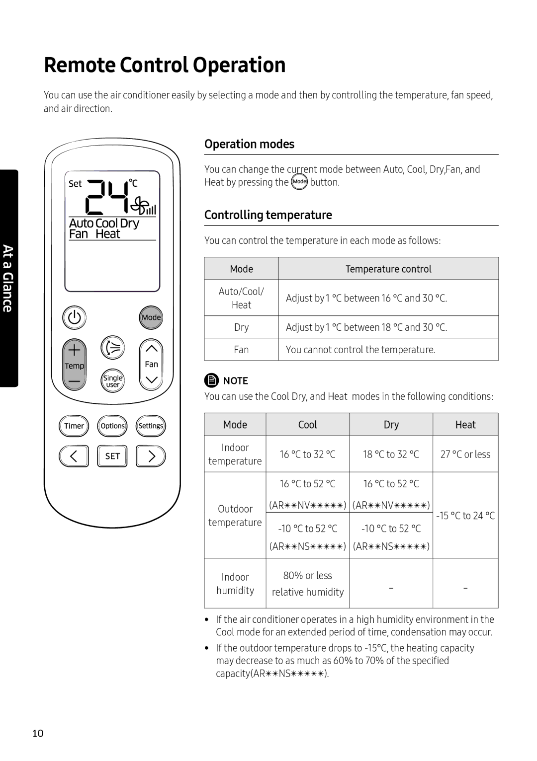 Samsung AR24NSFHEWKNMG, AR24NVFHEWKXMG, AR18NVFHEWKXMG Remote Control Operation, Operation modes, Controlling temperature 