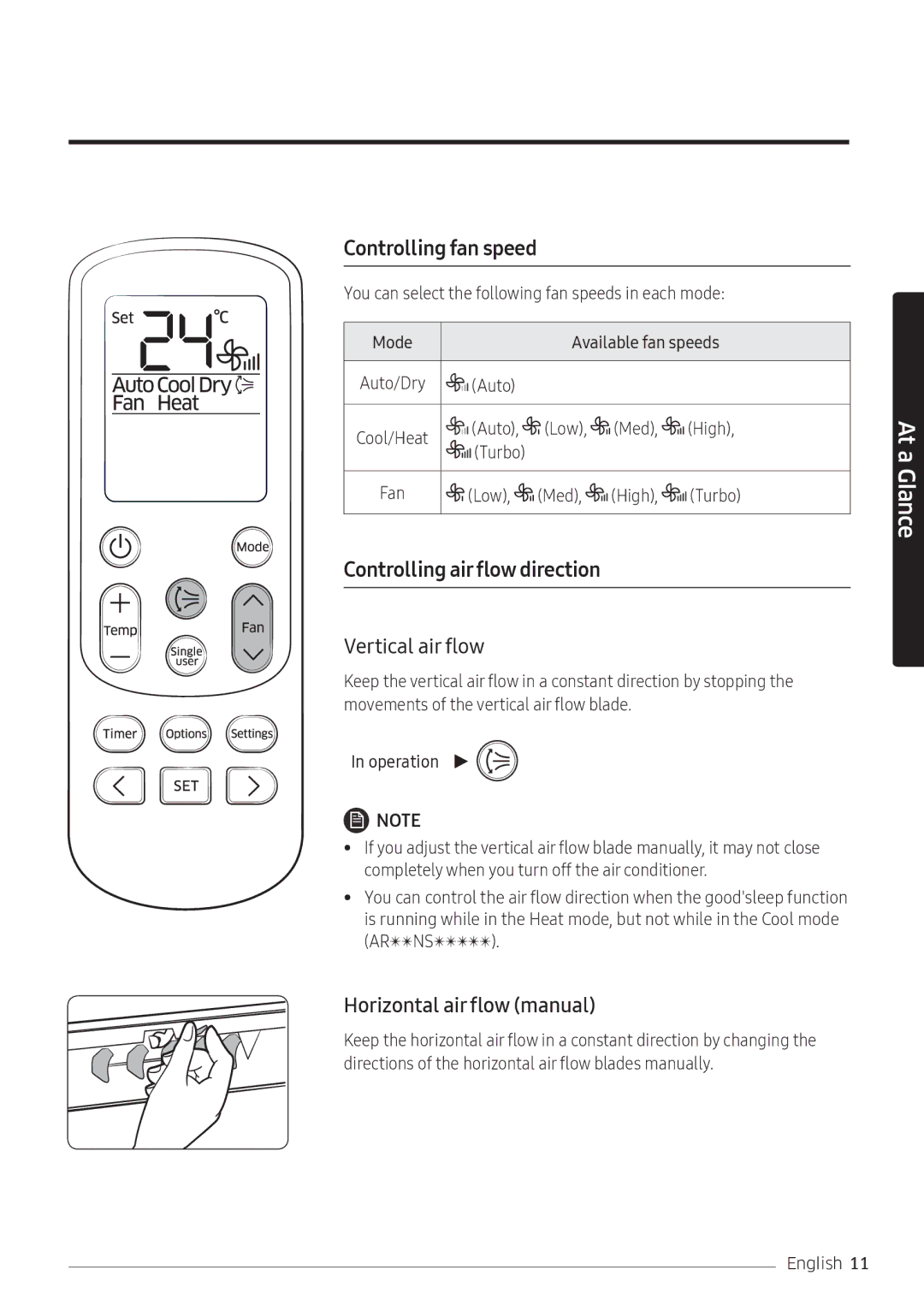 Samsung AR18NVFHEWKXMG, AR24NVFHEWKXMG Controlling fan speed, Controlling air flow direction, Horizontal air flow manual 