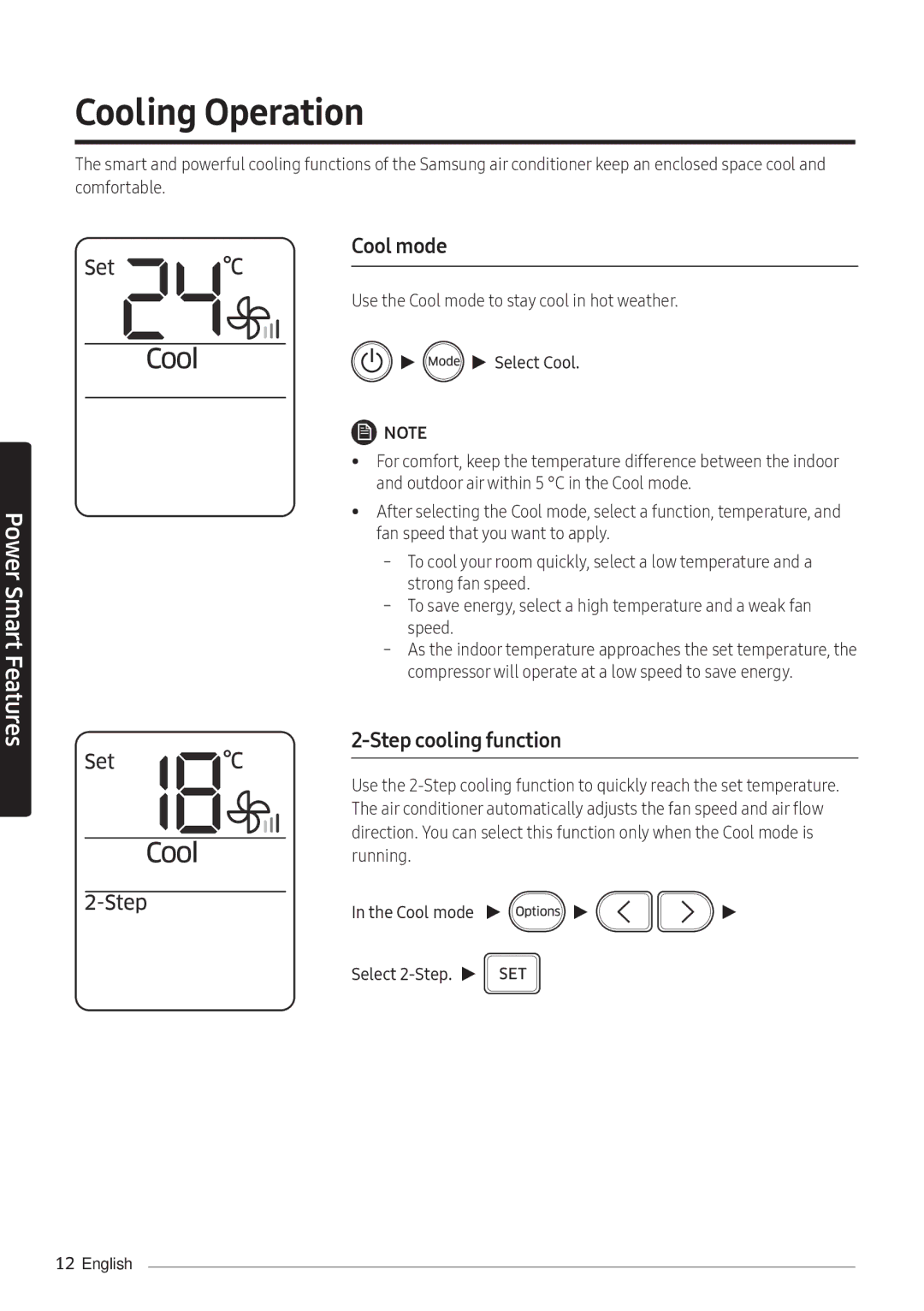 Samsung AR24NVFHEWKXMG, AR24NSFHEWKNMG, AR18NVFHEWKXMG manual Cooling Operation, Cool mode, Step cooling function 