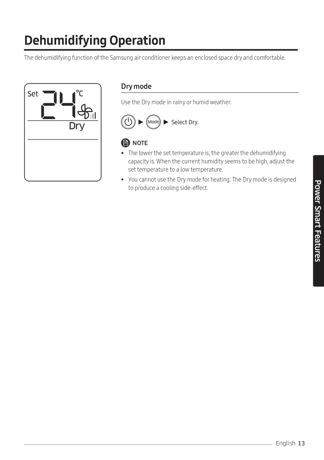 Samsung AR24NSFHEWKNMG, AR24NVFHEWKXMG, AR18NVFHEWKXMG manual Dehumidifying Operation, Dry mode 