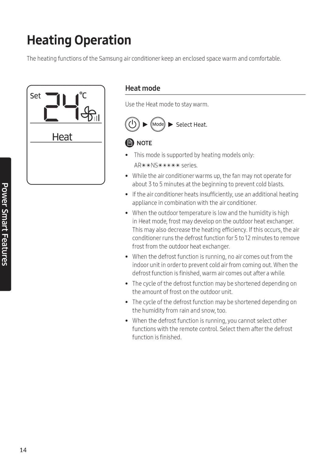 Samsung AR18NVFHEWKXMG, AR24NVFHEWKXMG, AR24NSFHEWKNMG manual Heating Operation, Heat mode 