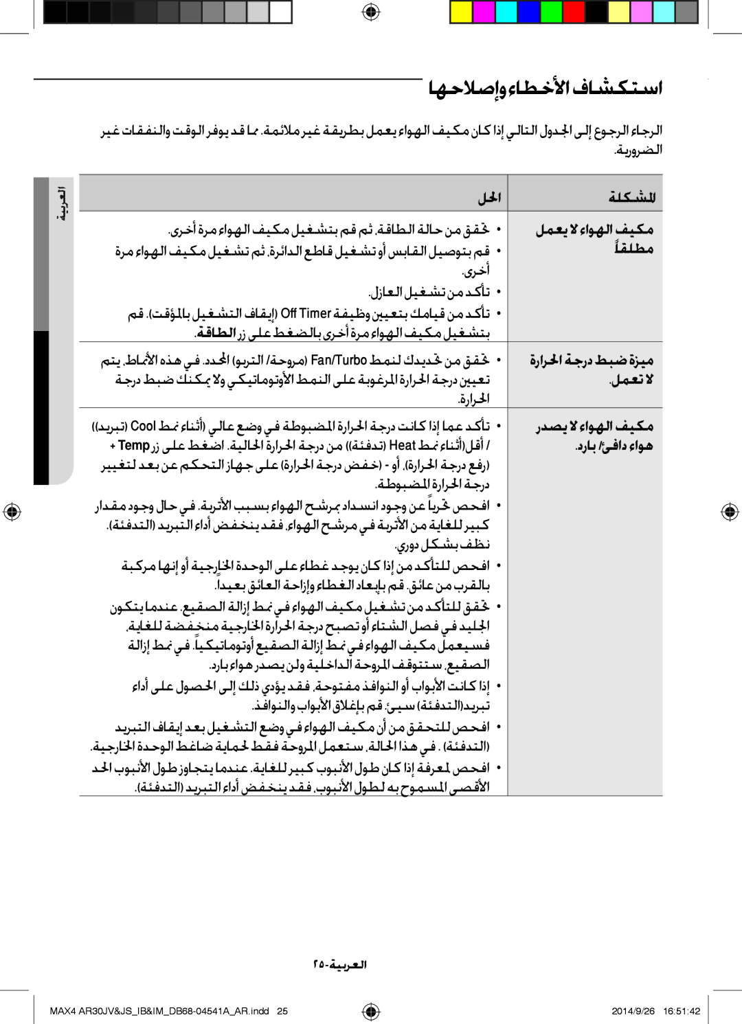 Samsung AR30JVFUCWKNMG manual اهحلاصإو ءاطخلأا فاشكتسا 