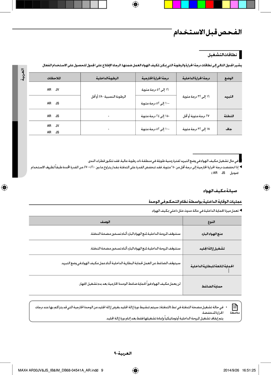 Samsung AR30JVFUCWKNMG manual مادختسلاالبقصحفلا, ليغشتلا تاقاطن 