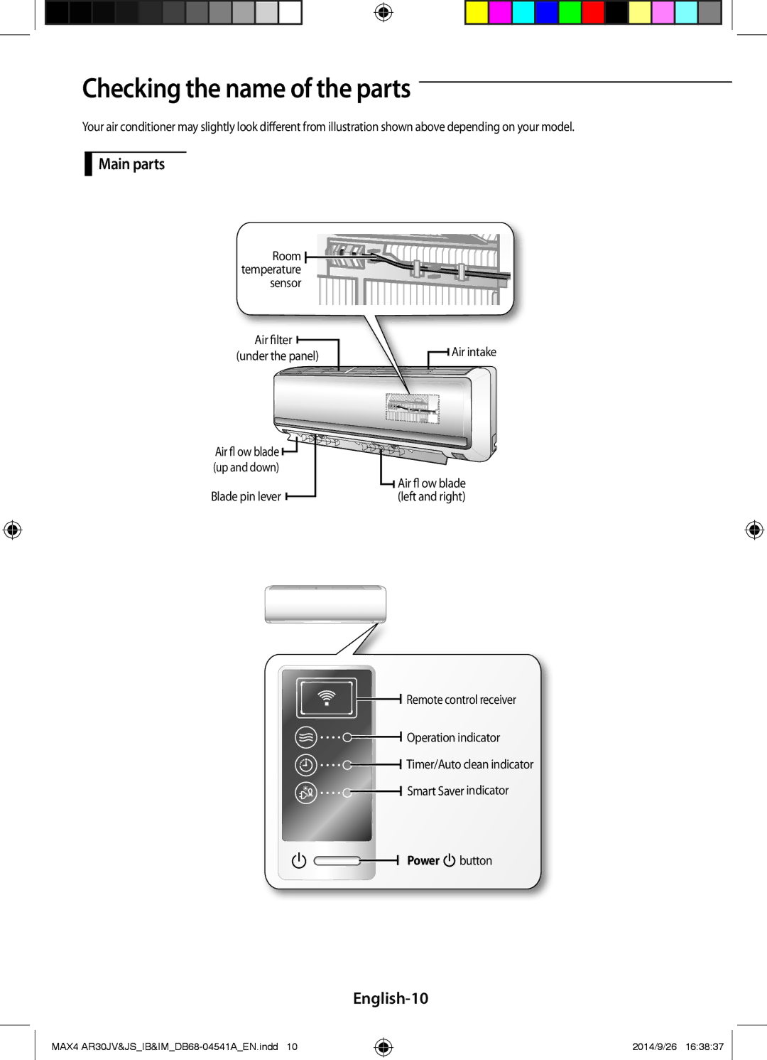 Samsung AR30JVFUCWKNMG manual Checking the name of the parts, Main parts, English-10 