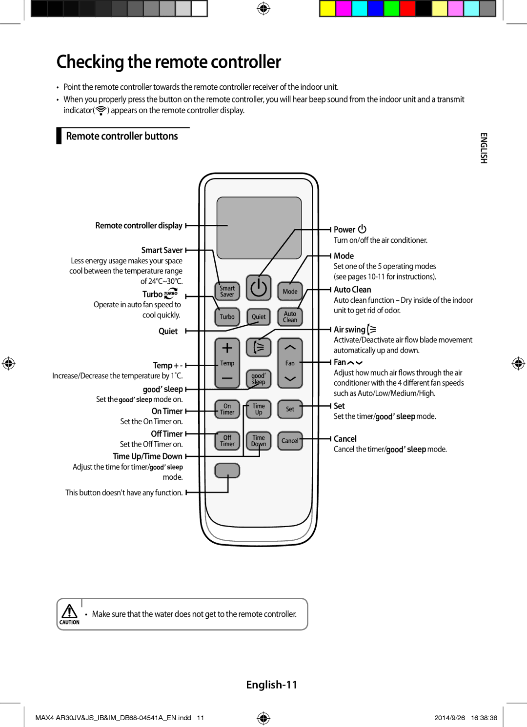 Samsung AR30JVFUCWKNMG manual Checking the remote controller, Remote controller buttons, English-11 