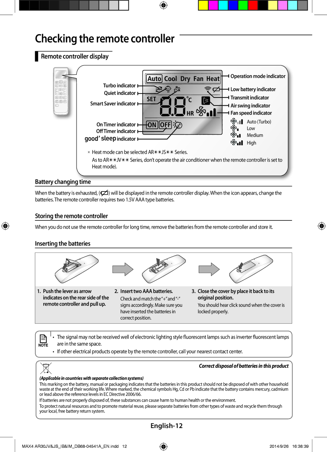 Samsung AR30JVFUCWKNMG manual Remote controller display, Battery changing time, Storing the remote controller, English-12 