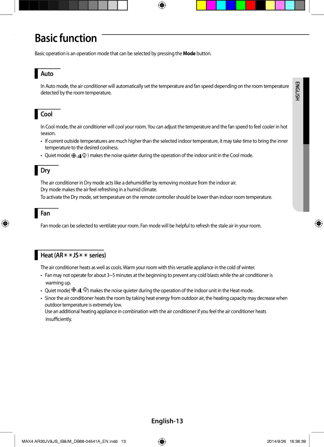 Samsung AR30JVFUCWKNMG manual Basic function 