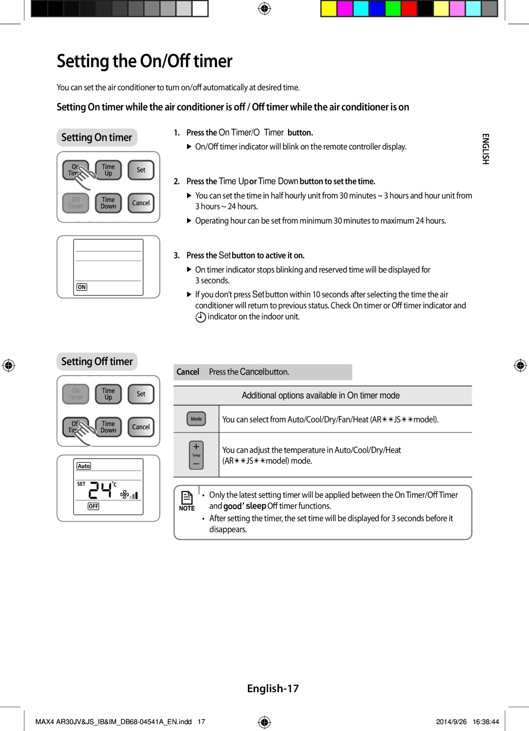 Samsung AR30JVFUCWKNMG manual Setting the On/Off timer, English-17, Press the On Timer/Off Timer button 