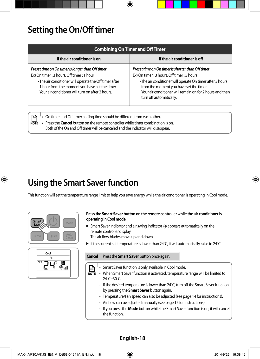 Samsung AR30JVFUCWKNMG manual Using the Smart Saver function, English-18, From the moment you have set the timer 