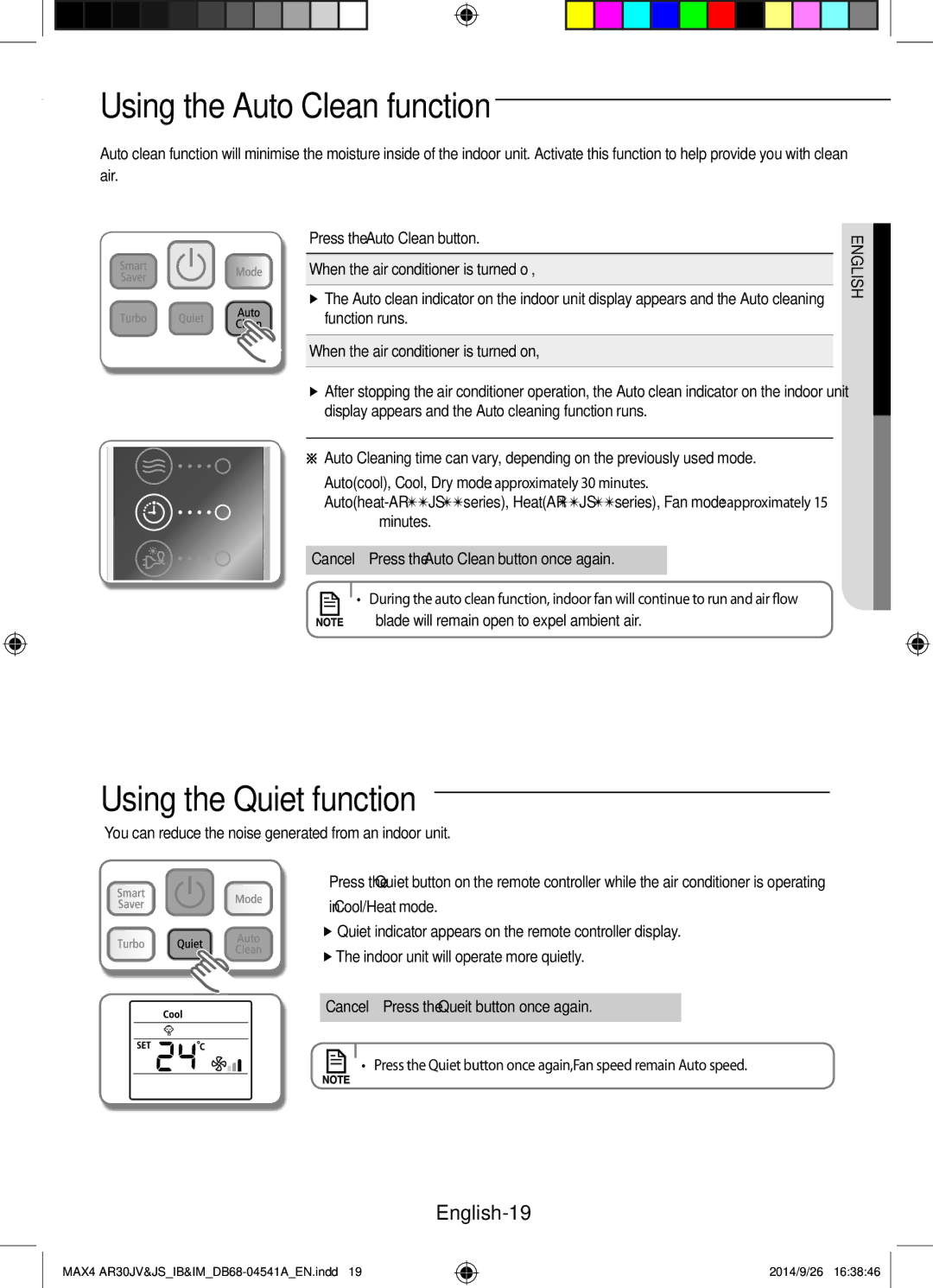 Samsung AR30JVFUCWKNMG manual Using the Auto Clean function, Using the Quiet function, English-19, Cool/Heat mode 