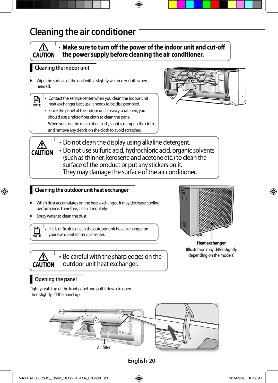 Samsung AR30JVFUCWKNMG Cleaning the air conditioner, Cleaning the indoor unit, Cleaning the outdoor unit heat exchanger 