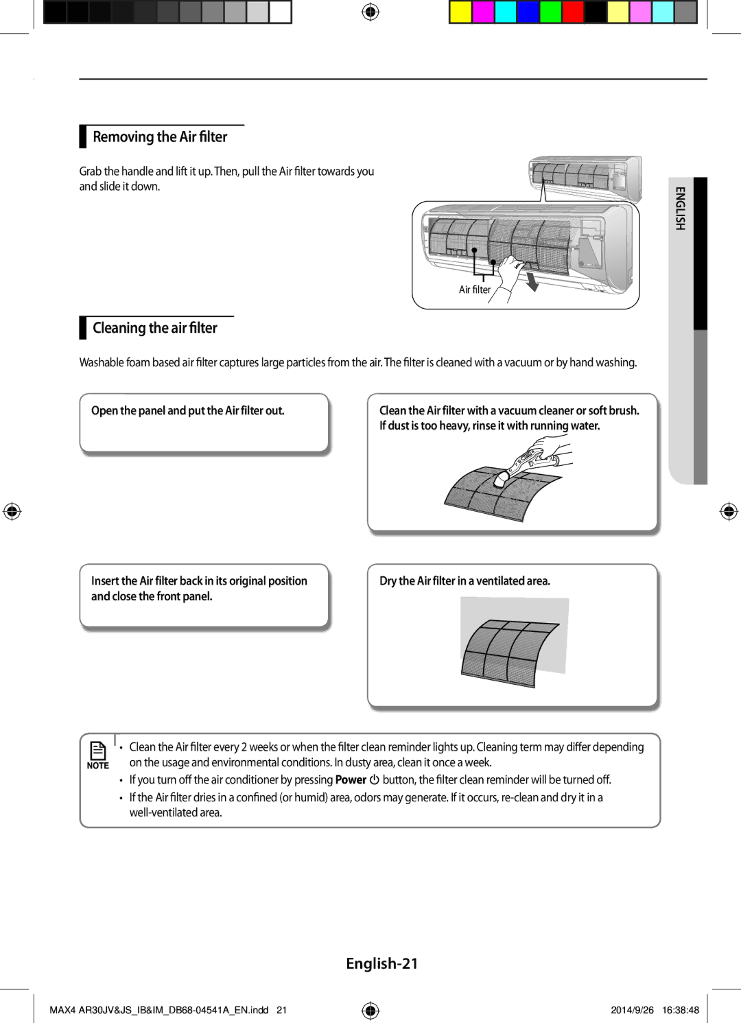 Samsung AR30JVFUCWKNMG manual Removing the Air filter, Cleaning the air filter, English-21 